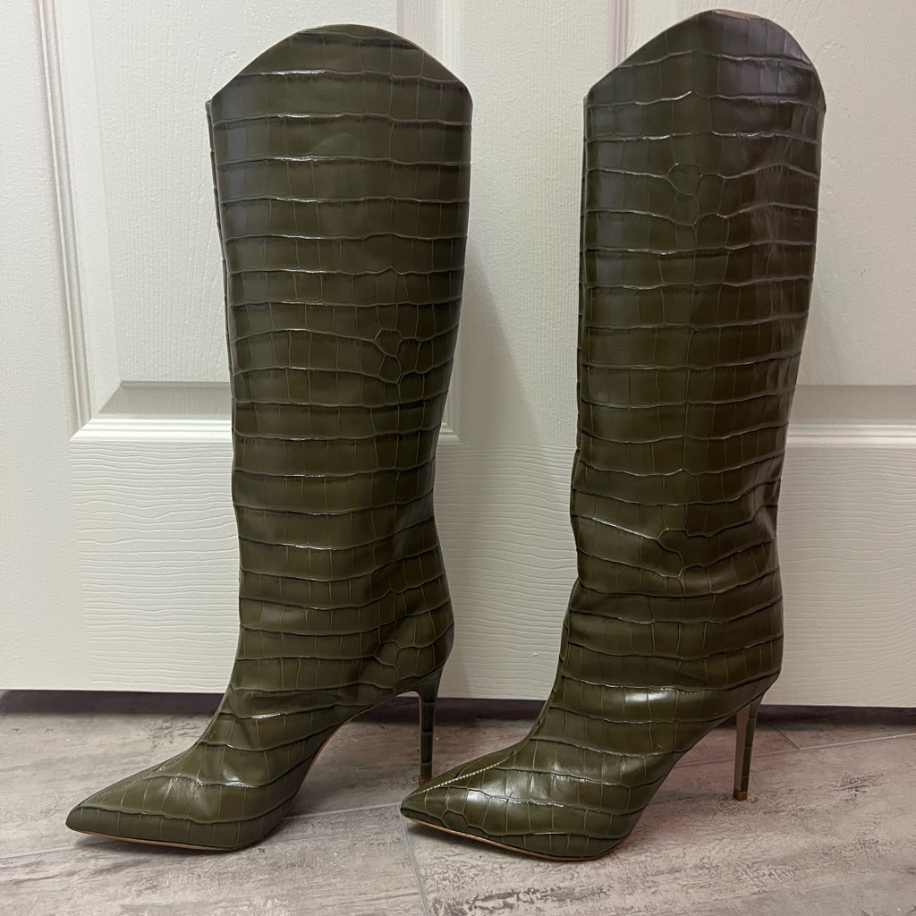 Schutz- Maryana Boot Military Green Crocodile-Embossed Leather